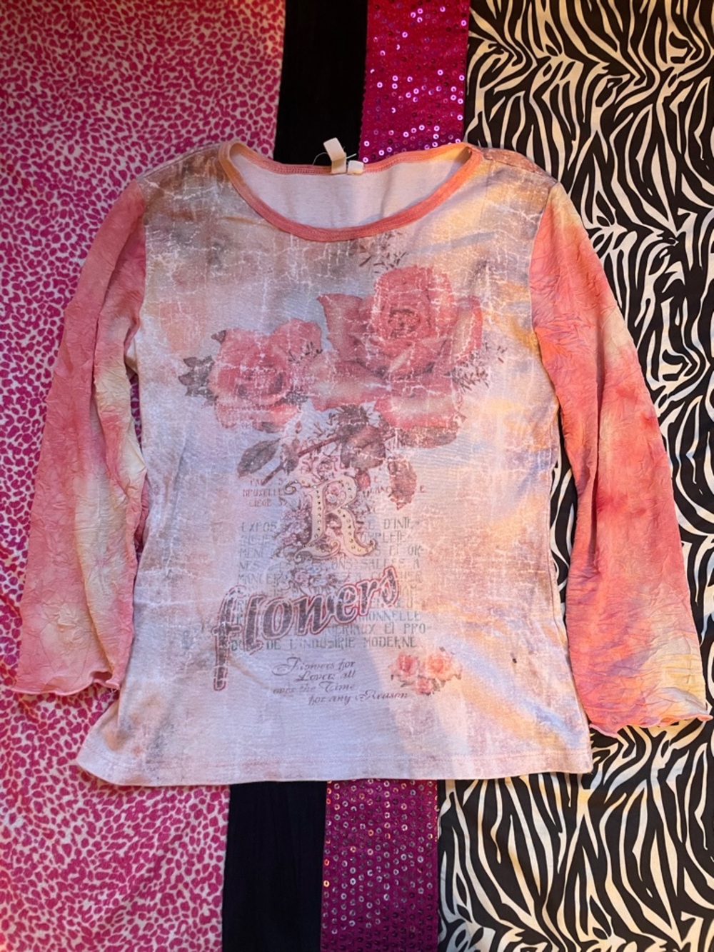 Pink Floral Graphic Long Sleeve Top bell sleeve